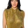 Front View Glisten Open Back Rhinestone Chain Mail Top In Gold