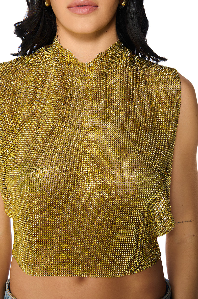 Extra View Glisten Open Back Rhinestone Chain Mail Top In Gold 5
