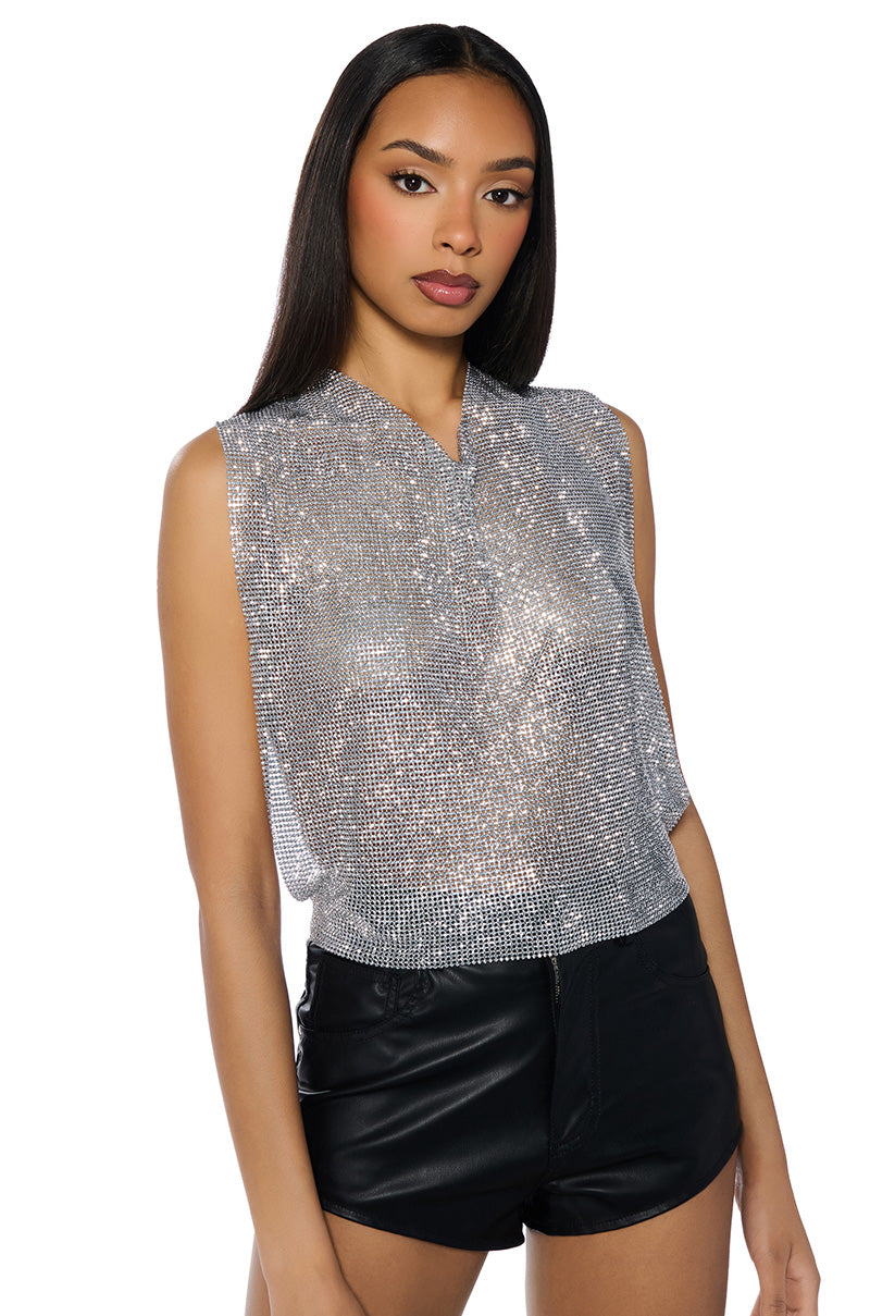 Front View Glisten Open Back Rhinestone Chain Mail Top