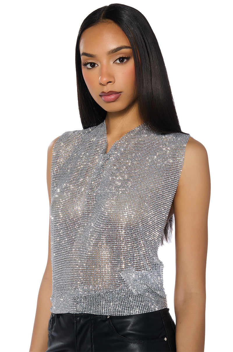Side View Glisten Open Back Rhinestone Chain Mail Top