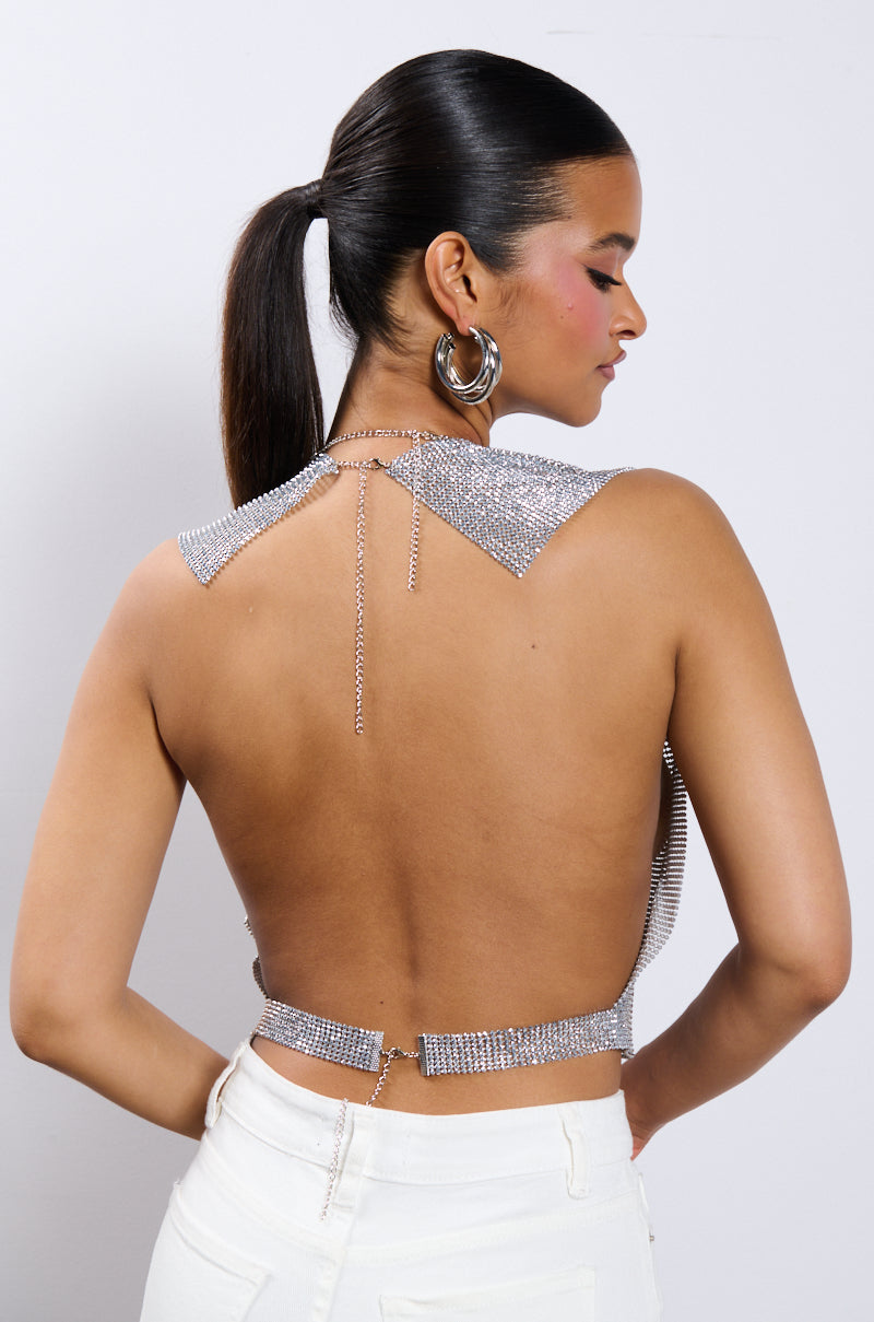 Full View Glisten Open Back Rhinestone Chain Mail Top