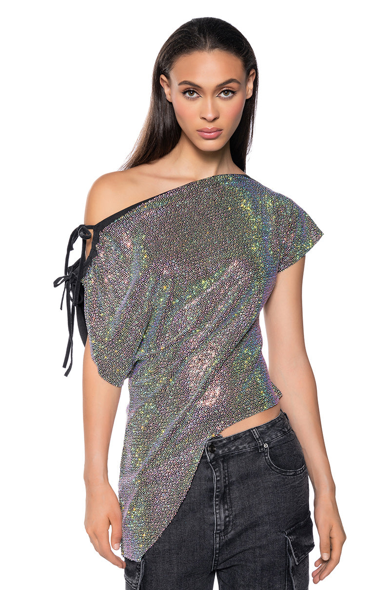 Front View Glistening Asymmetrical Tshirt In Grey Multi