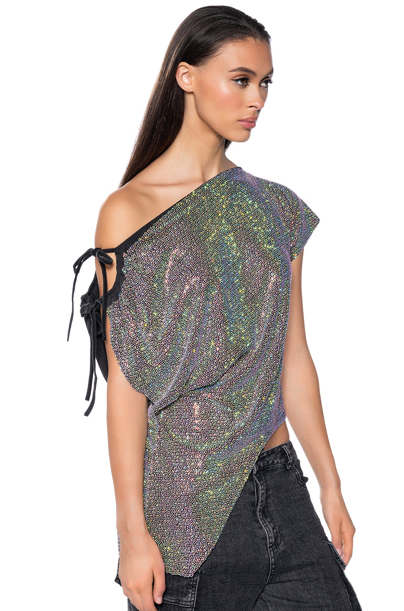 Side View Glistening Asymmetrical Tshirt In Grey Multi view 2