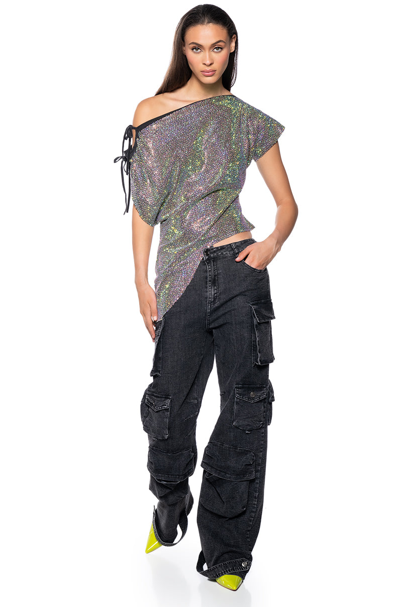 Back View Glistening Asymmetrical Tshirt In Grey Multi view 3