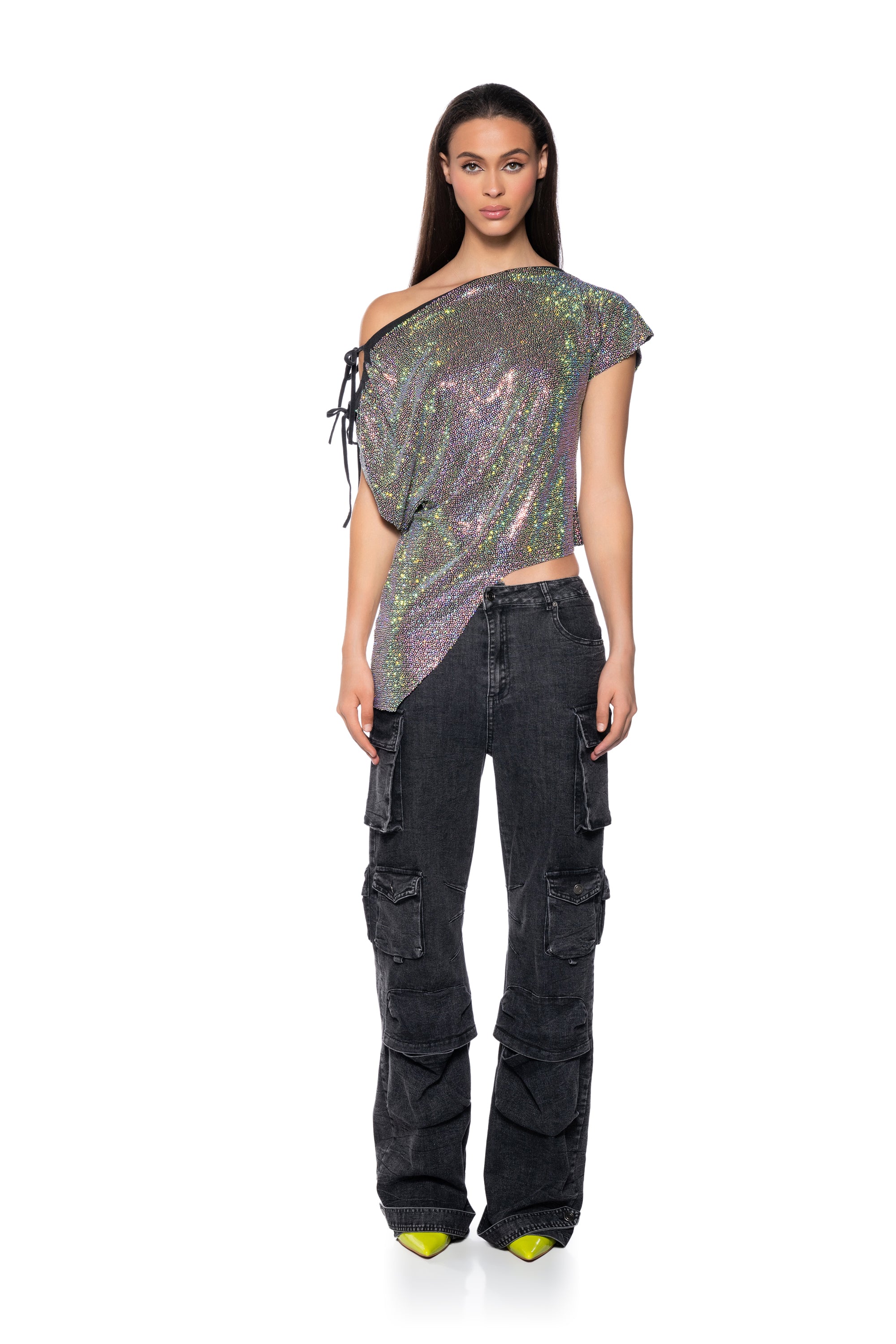 Extra View Glistening Asymmetrical Tshirt In Grey Multi view 8