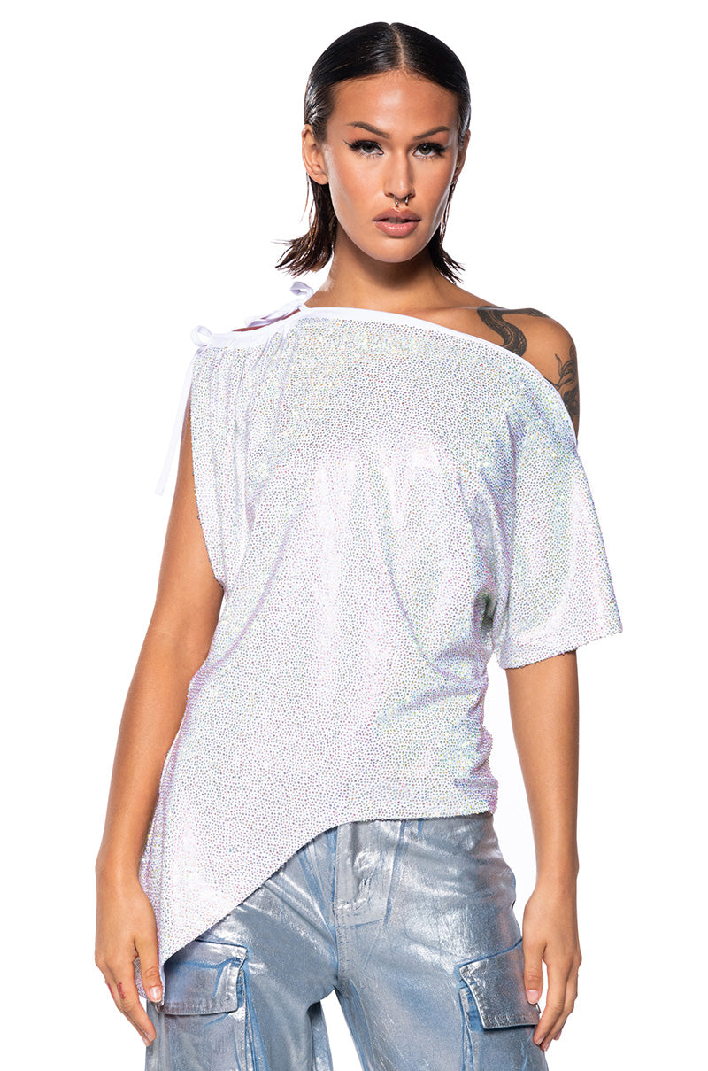 Front View Glistening Asymmetrical Tshirt In White Multi