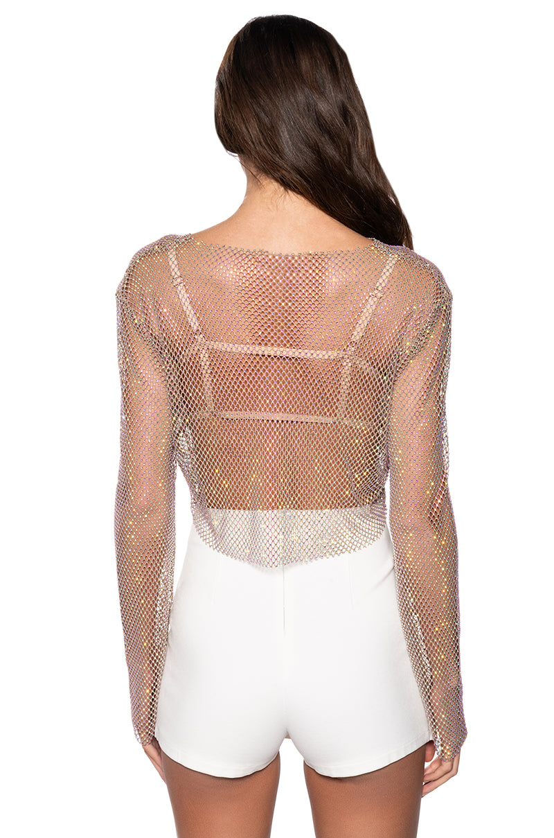 Full View Glistening Rhinestone Mesh Long Sleeve Top