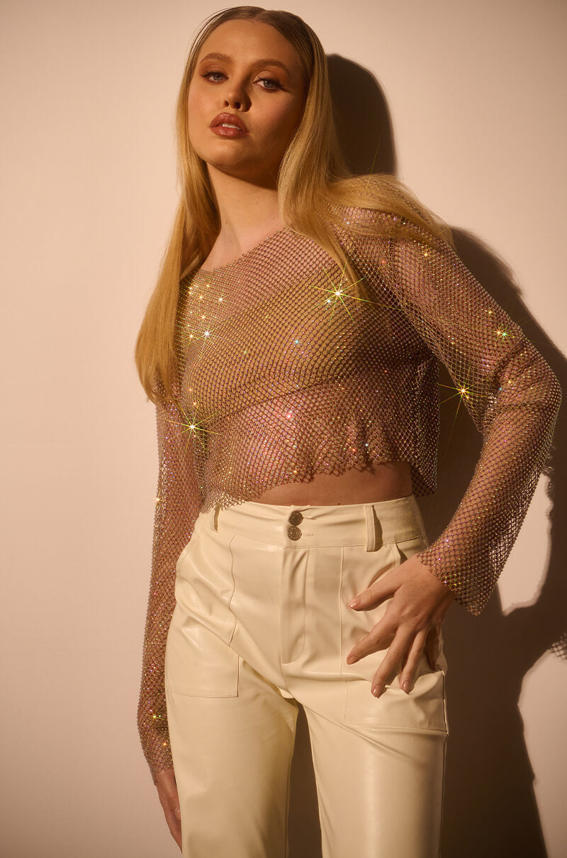 Extra View Glistening Rhinestone Mesh Long Sleeve Top