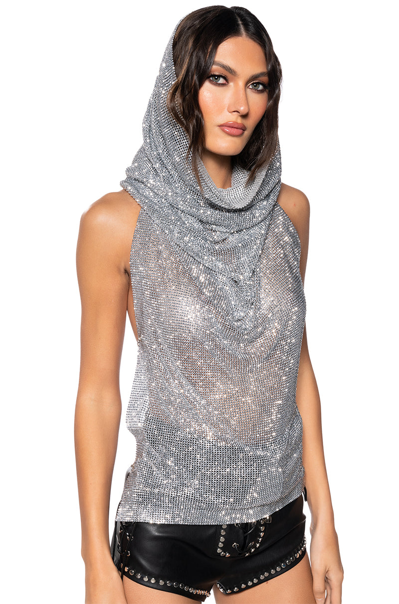 Side View Glistening Rhinestone Mesh Top
