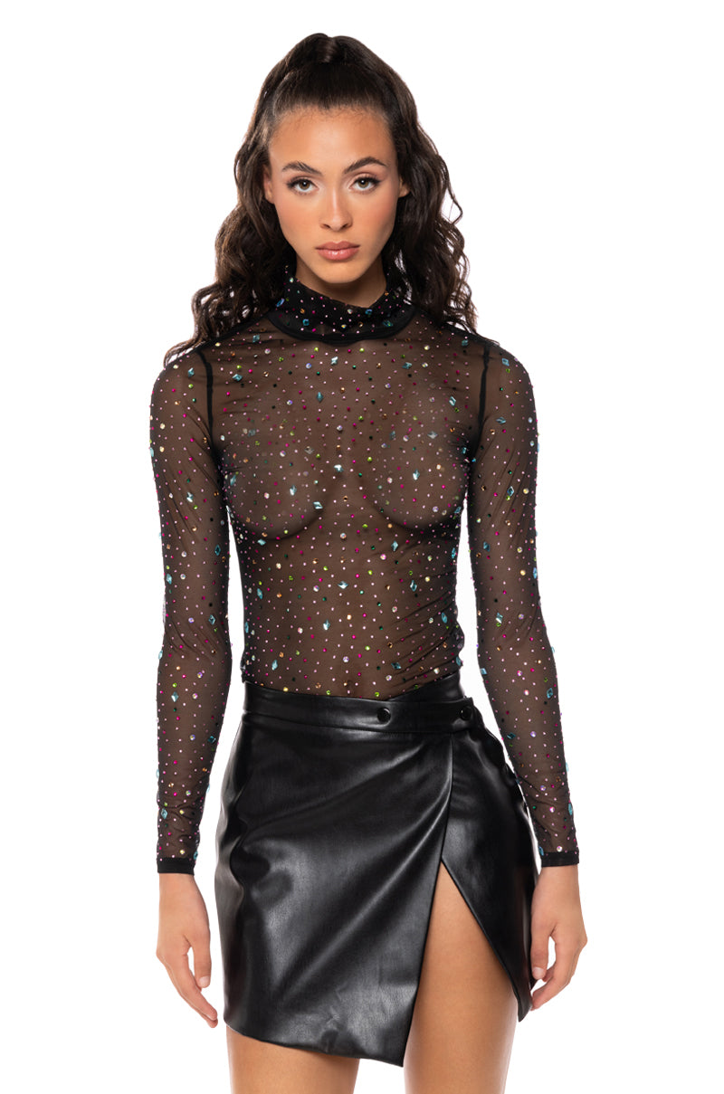 Front View Glitz And Glam Long Sleeve Embellished Mesh Top