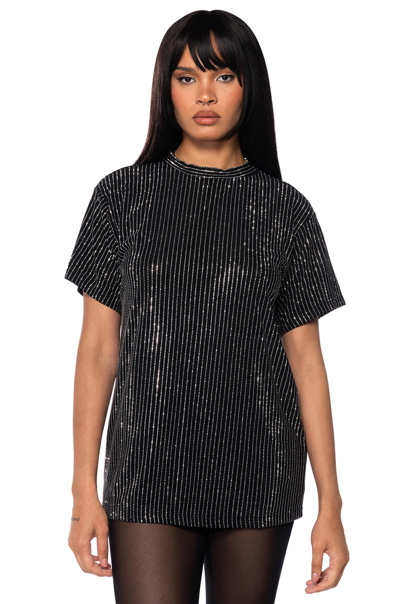 Front View Glitz Oversized Mesh Tshirt In Black Silver