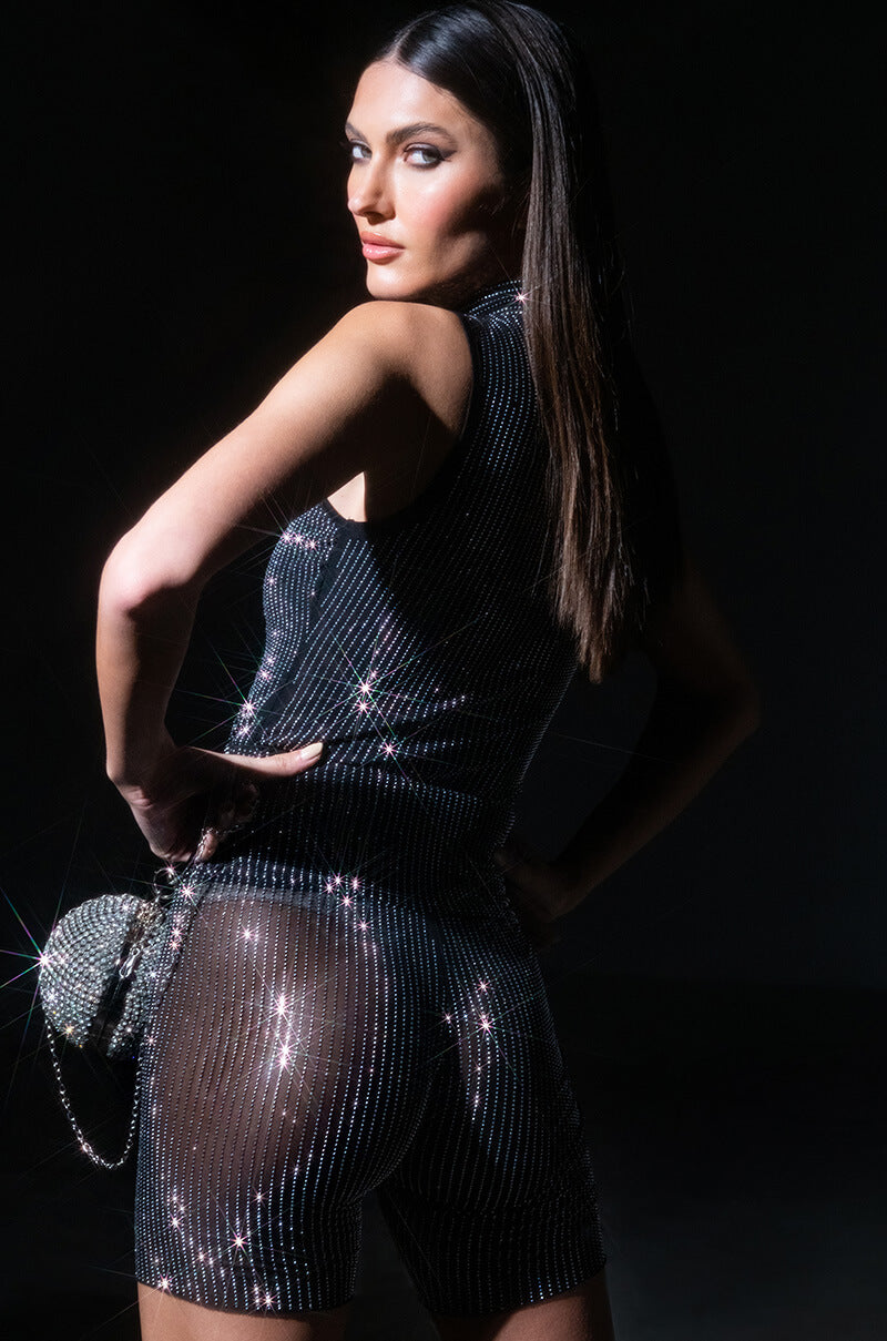 Extra View Glitz Sleeveless Mesh Top In Black