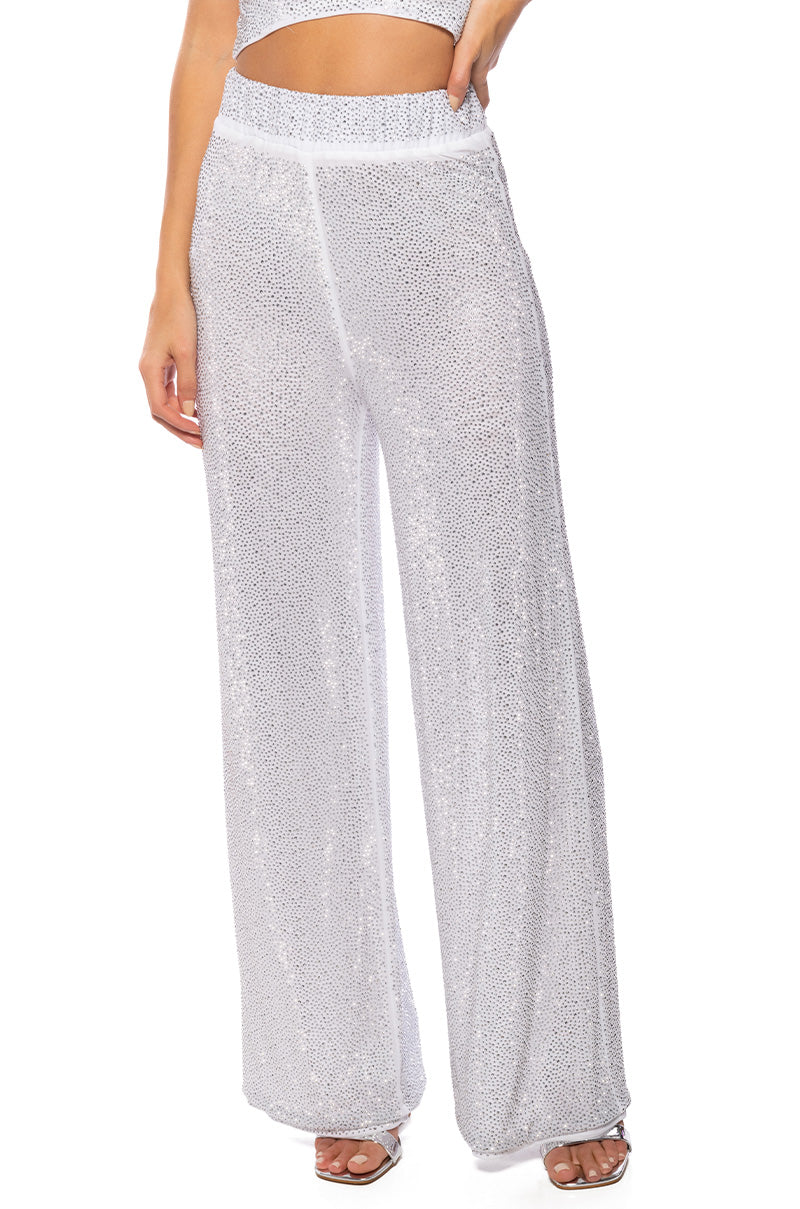 Front View Glitzy Rhinestone Mesh Palazzo Pant