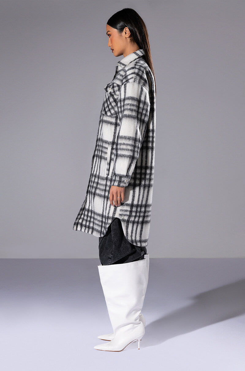 Back View Glory Days Plaid Long Shacket With Quilted Lining