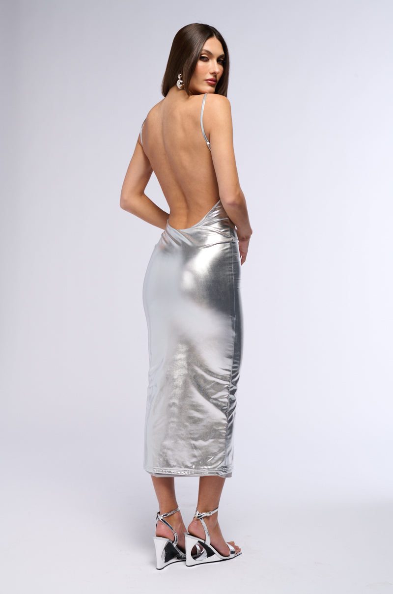 GLOW BABY BACKLESS METALLIC MAXI DRESS IN SILVER AKIRA GLOW BABY BACKLESS METALLIC MAXI DRESS IN SILVER AKIRA