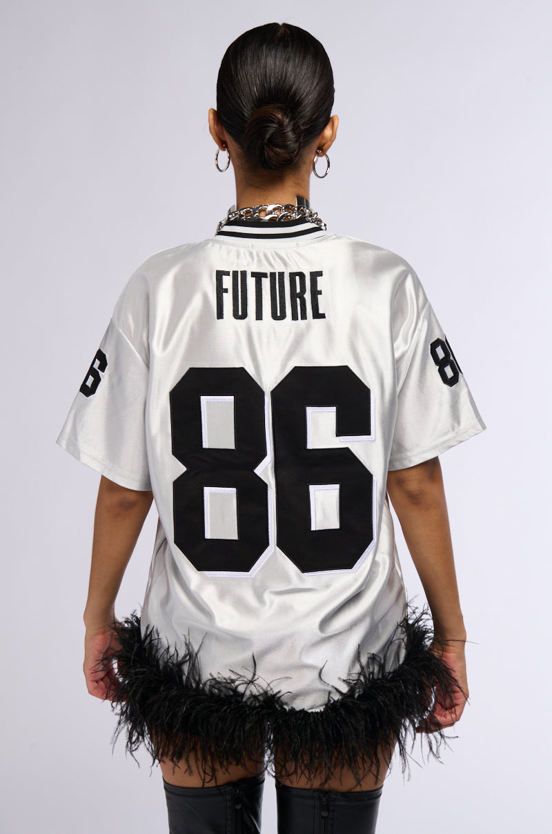 Back View Go Sports Feather Trim Jersey Dress