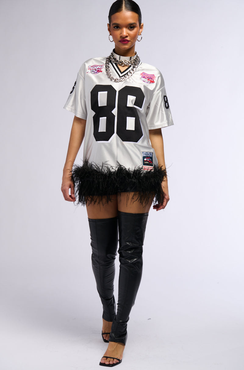 GO SPORTS FEATHER TRIM JERSEY TSHIRT DRESS AKIRA GO SPORTS FEATHER TRIM JERSEY TSHIRT DRESS AKIRA