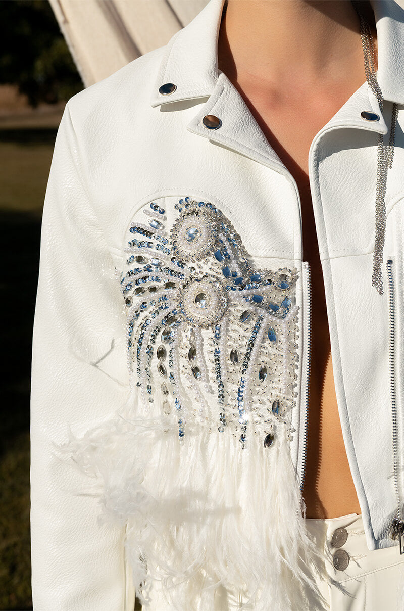Extra View Goals Af Hand Beaded Feather Trim Moto Jacket