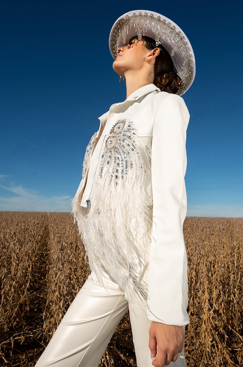 Side View Goals Af Hand Beaded Feather Trim Moto Jacket