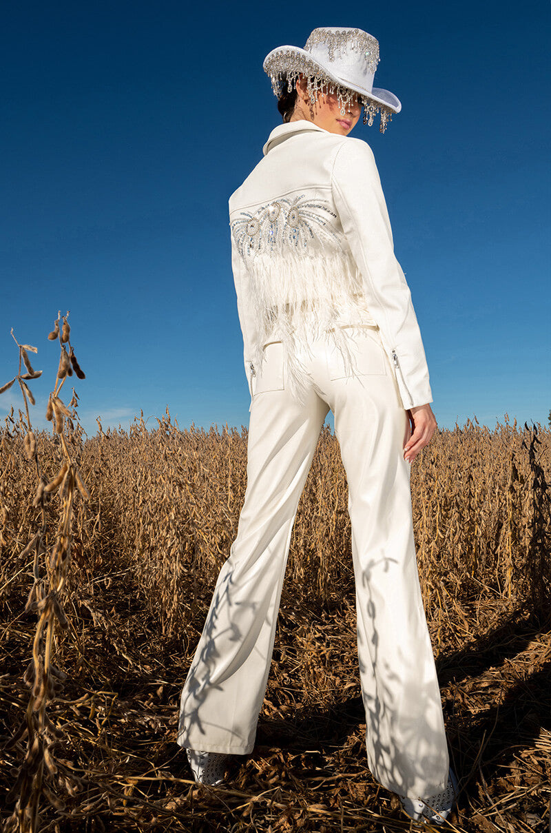 Full View Goals Af Hand Beaded Feather Trim Moto Jacket