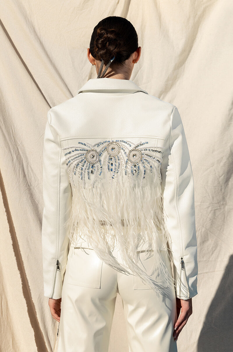 Extra View Goals Af Hand Beaded Feather Trim Moto Jacket