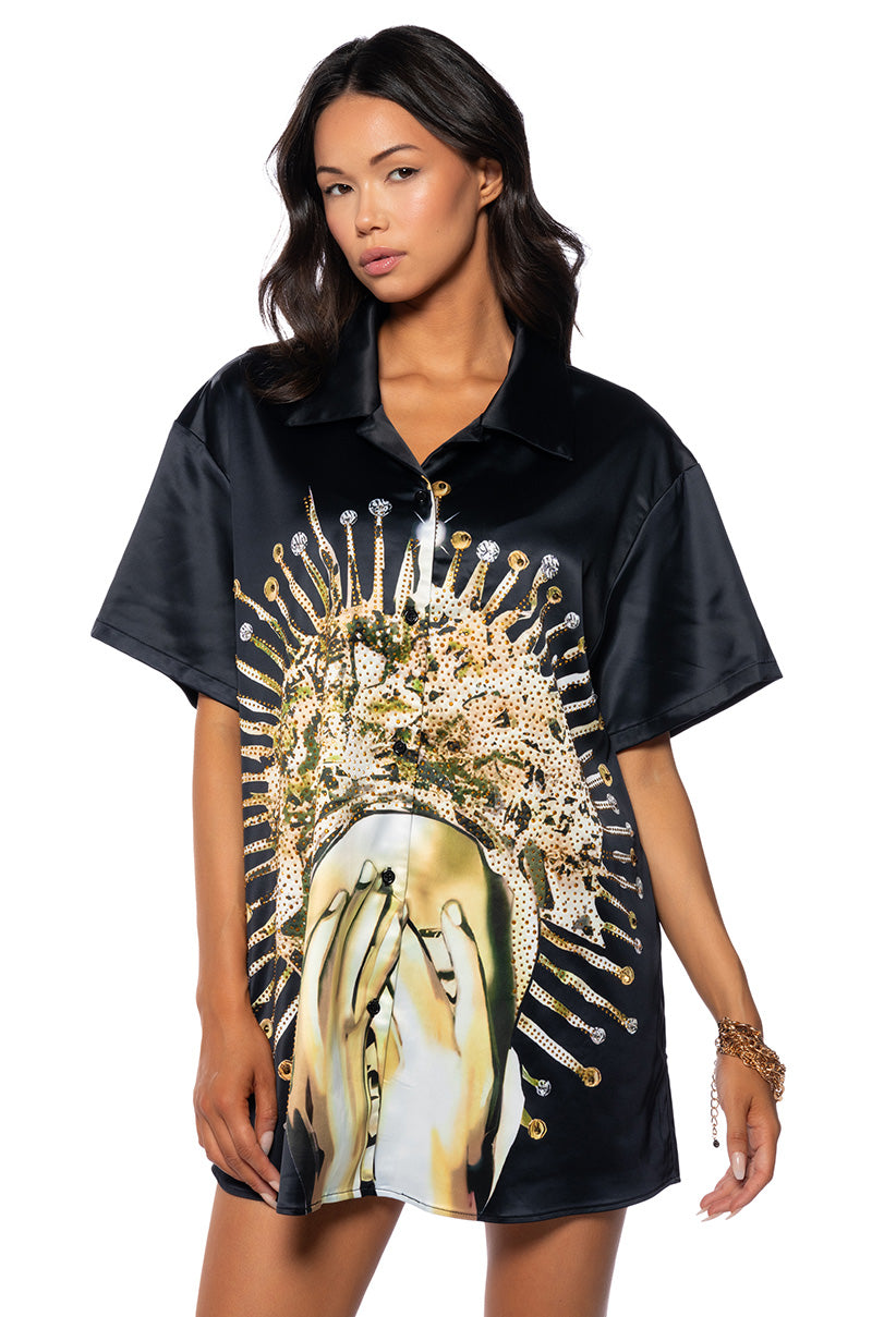 Front View Goddess Baller Embellished Oversize Satin Button Down 