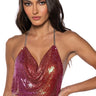 Front View Going Diva High Shine Chainmail Halter Top In Rose Gold