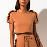 Front View Going To Be Alright Ruffle Crop Top in Light Brown