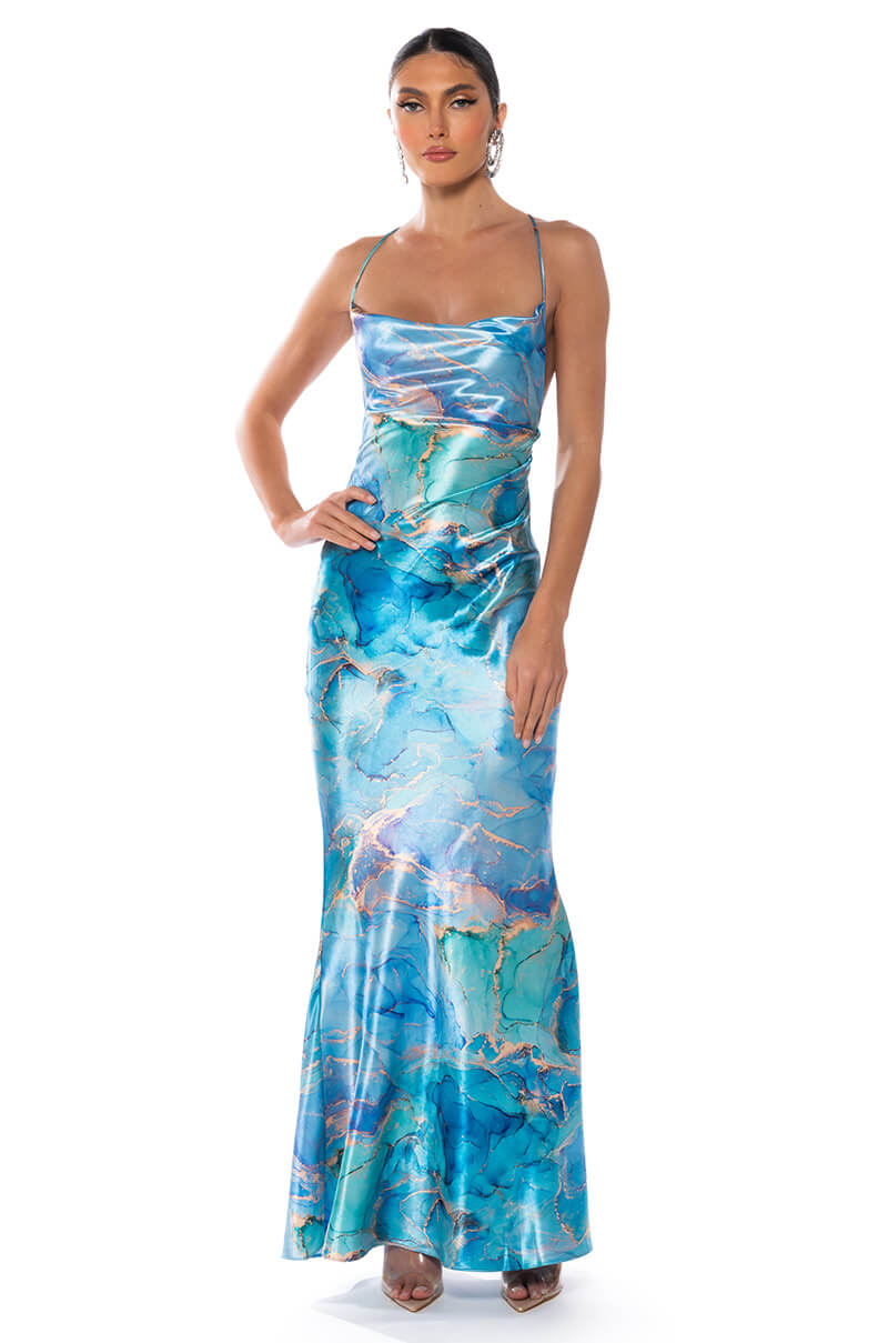 Front View Going Up Satin Maxi Dress In Blue