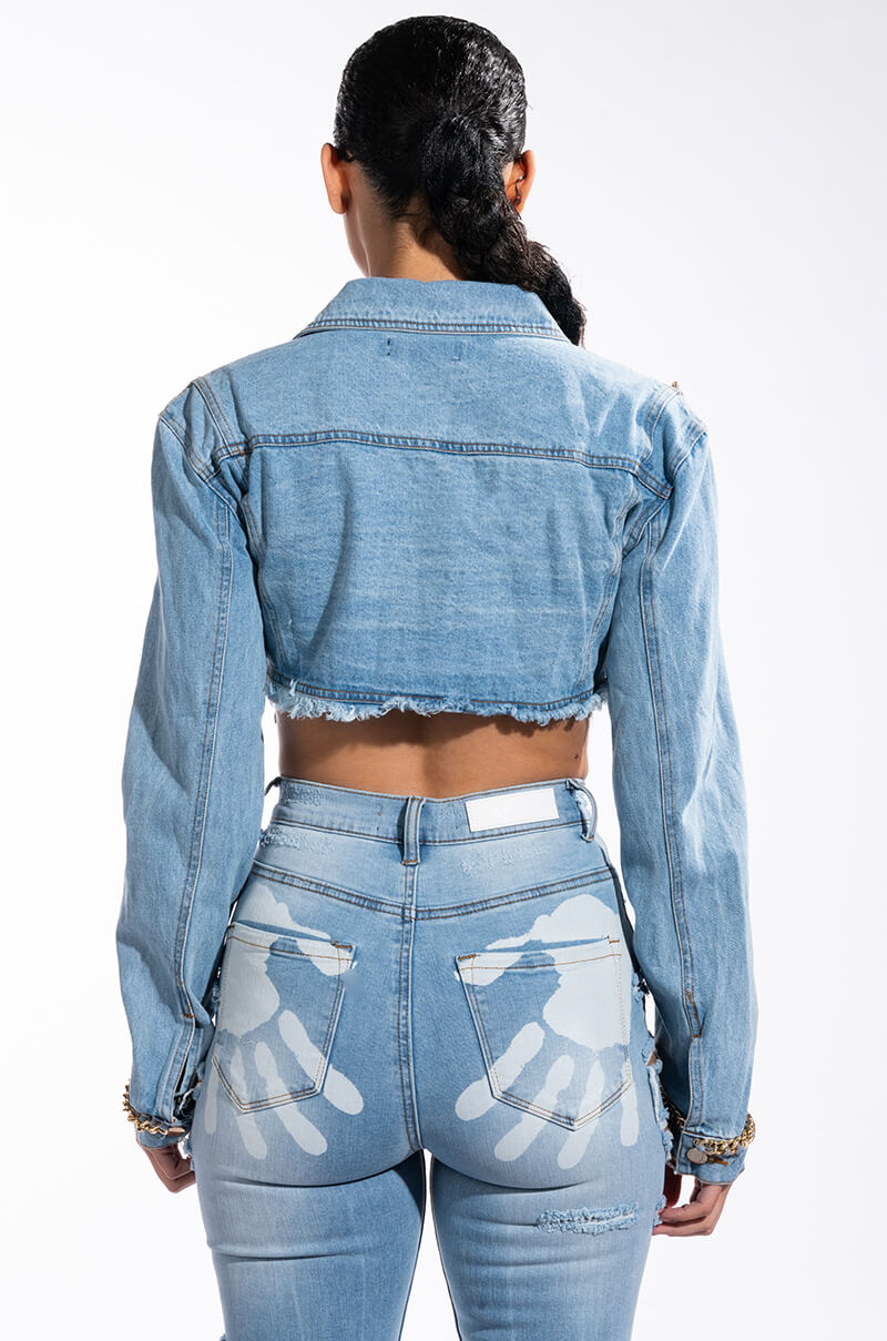 Full View Gold Chain Hem Crop Denim Jacket