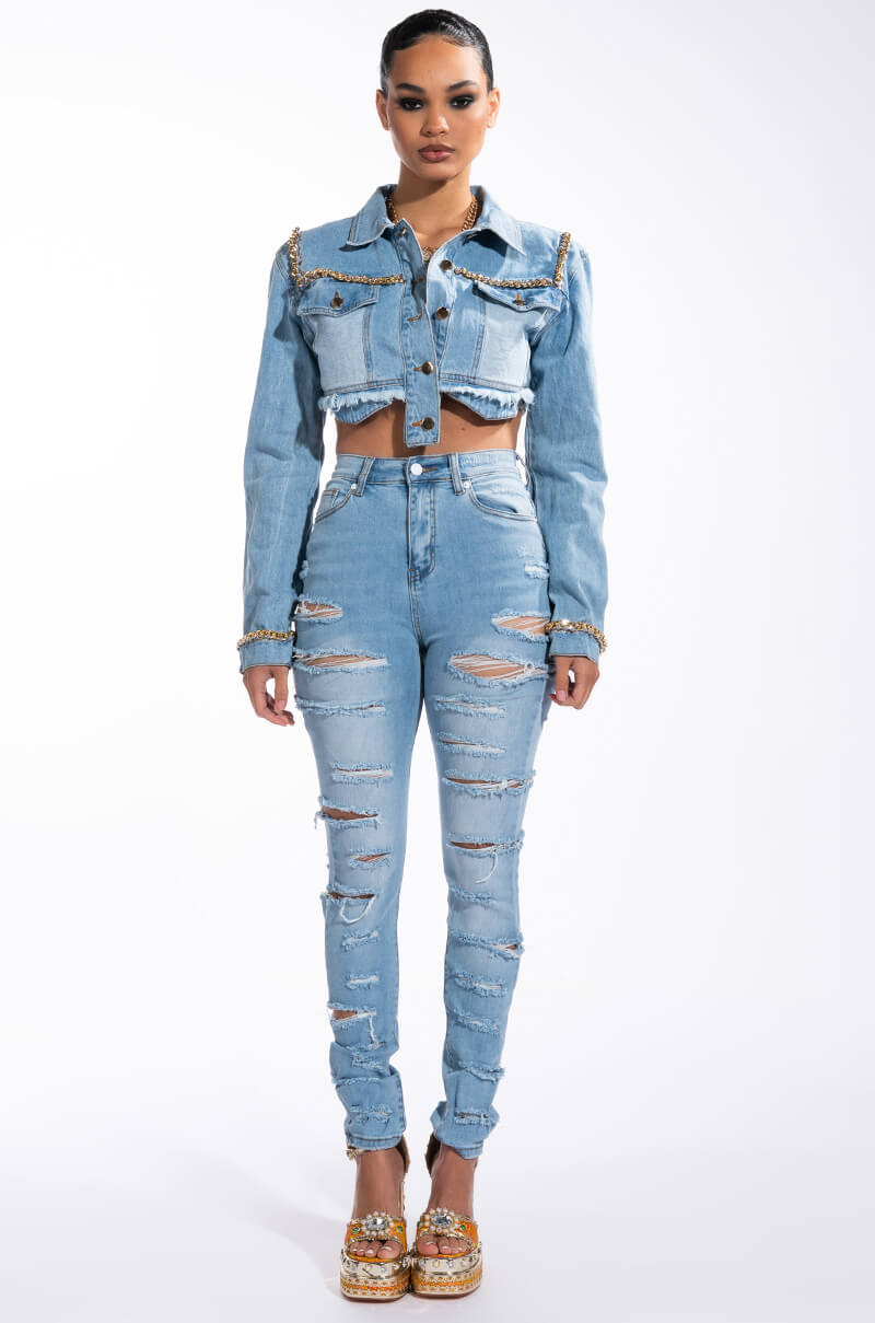 Extra View Gold Chain Hem Crop Denim Jacket