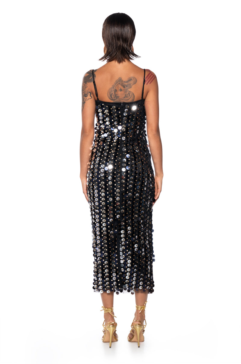 Detail View Gold Coin Sequin Midi Dress