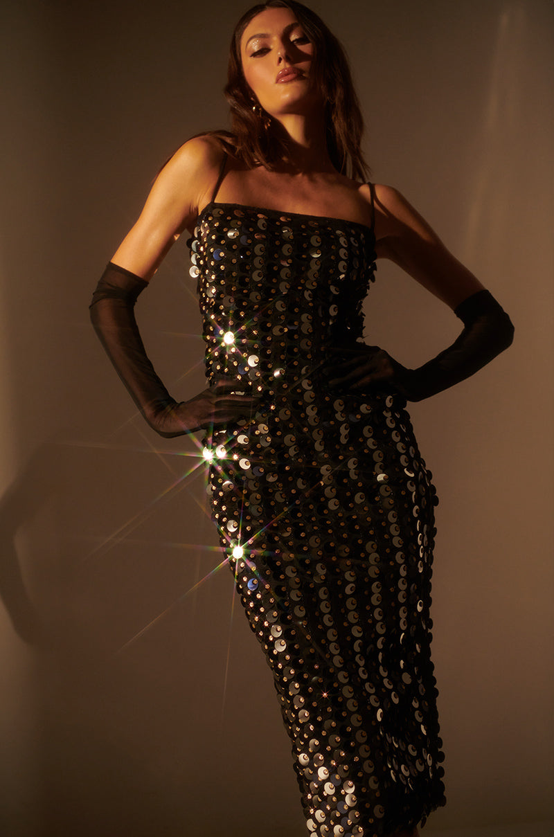 Extra View Gold Coin Sequin Midi Dress