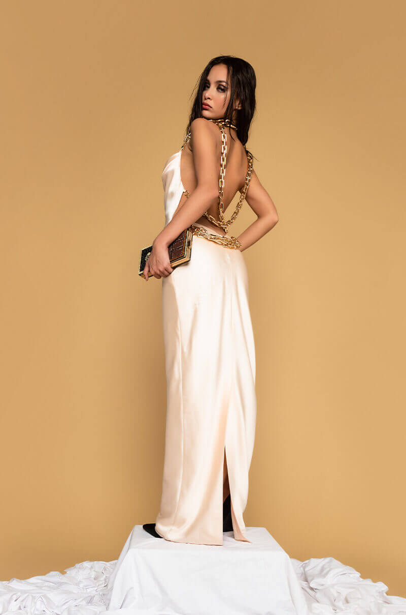 GOLDEN BABY MAXI SATIN DRESS WITH GOLD CHAIN TRIM BEIGE AKIRA GOLDEN BABY MAXI SATIN DRESS WITH GOLD CHAIN TRIM BEIGE AKIRA