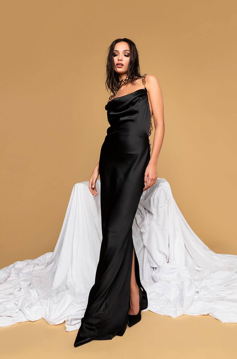  Golden Baby Maxi Satin Dress With Gold Chain Trim in Black