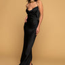 Front View Golden Baby Maxi Satin Dress With Gold Chain Trim in Black