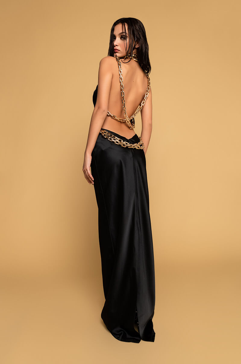 Back View Golden Baby Maxi Satin Dress With Gold Chain Trim in Black