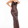 Front View Golden Baby Maxi Satin Dress With Gold Chain Trim