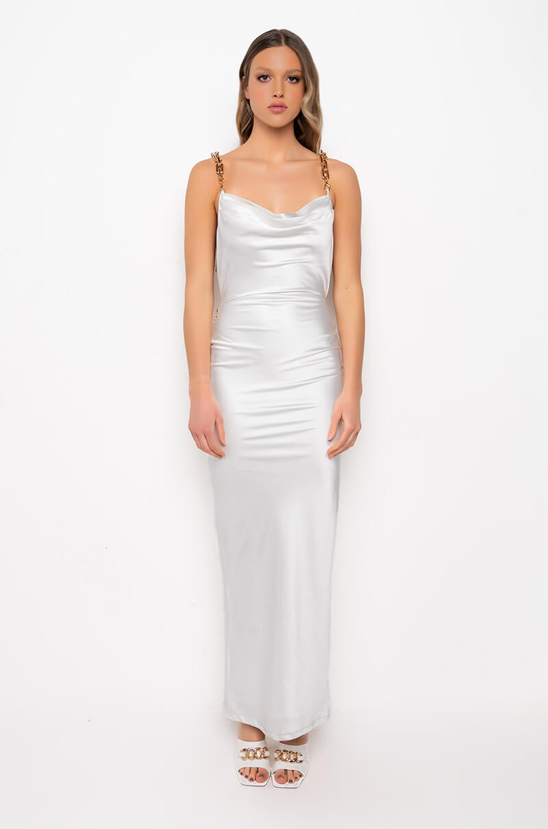 Back View Golden Baby Maxi Satin Dress With Gold Chain Trim