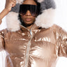 Front View Golden Eye Metallic Puffer With Faux Fur