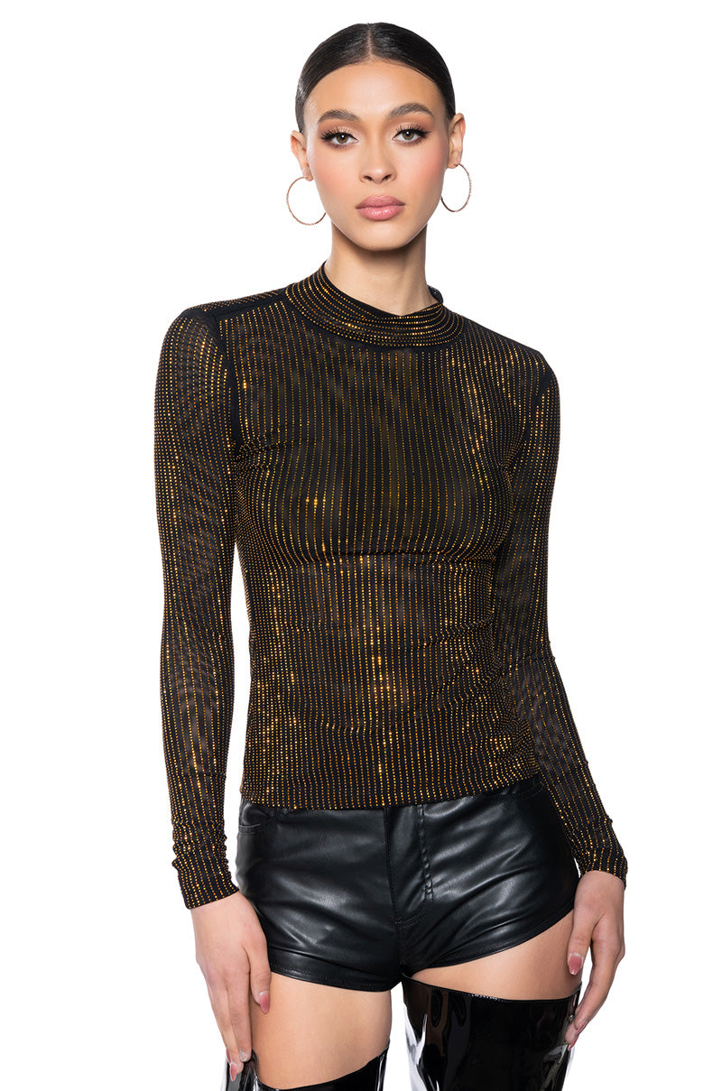 Front View Golden Glitz Long Sleeve Mesh Top 0