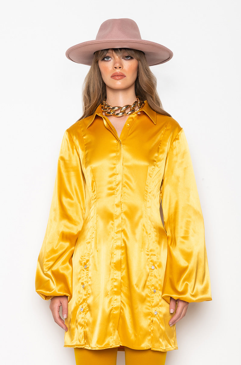 Side View Golden Looks Button Up Mini Dress With Fashion Sleeves