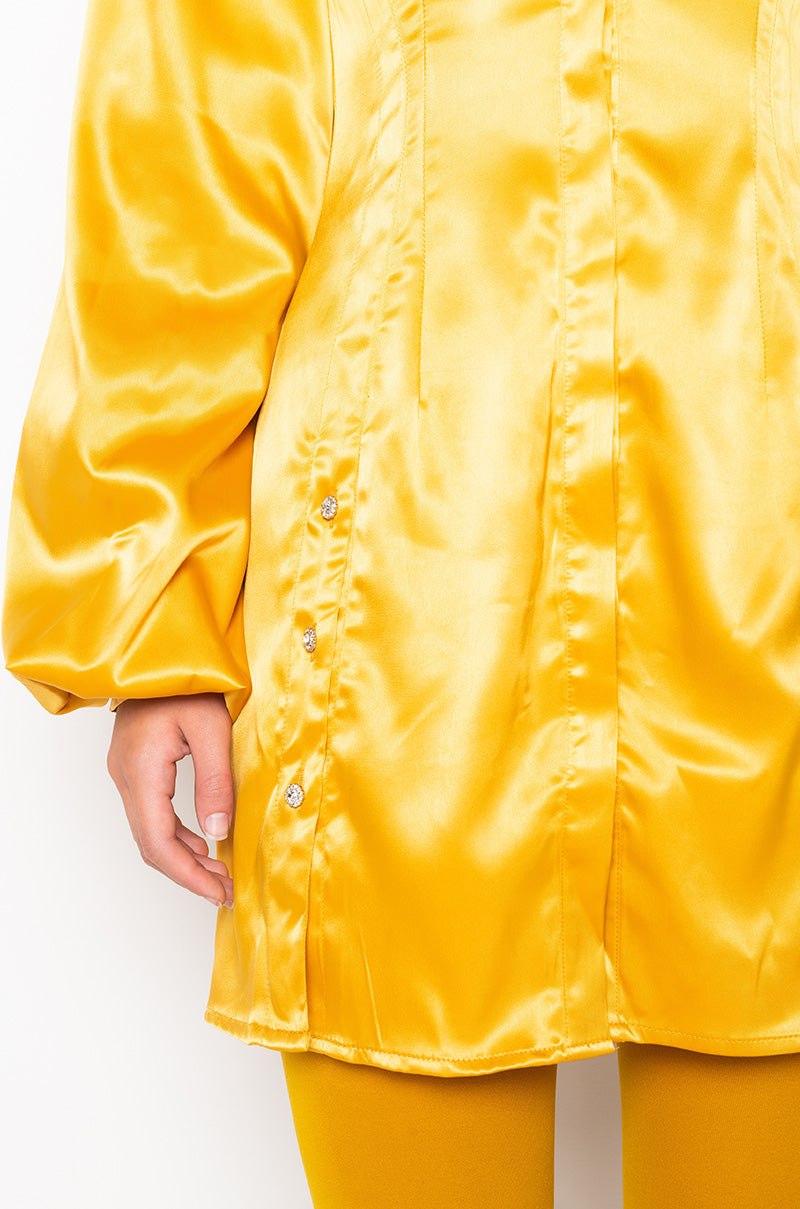 Full View Golden Looks Button Up Mini Dress With Fashion Sleeves