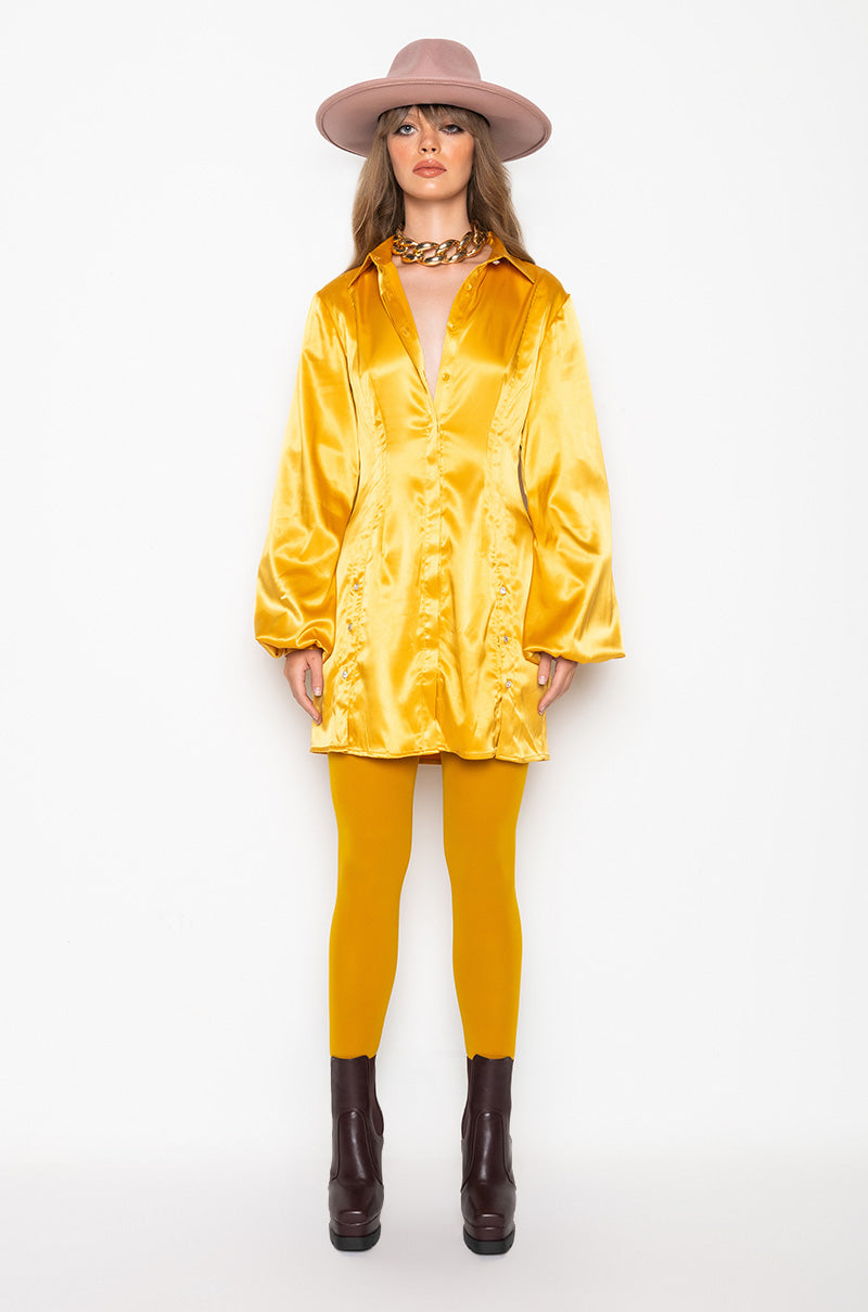 Extra View Golden Looks Button Up Mini Dress With Fashion Sleeves