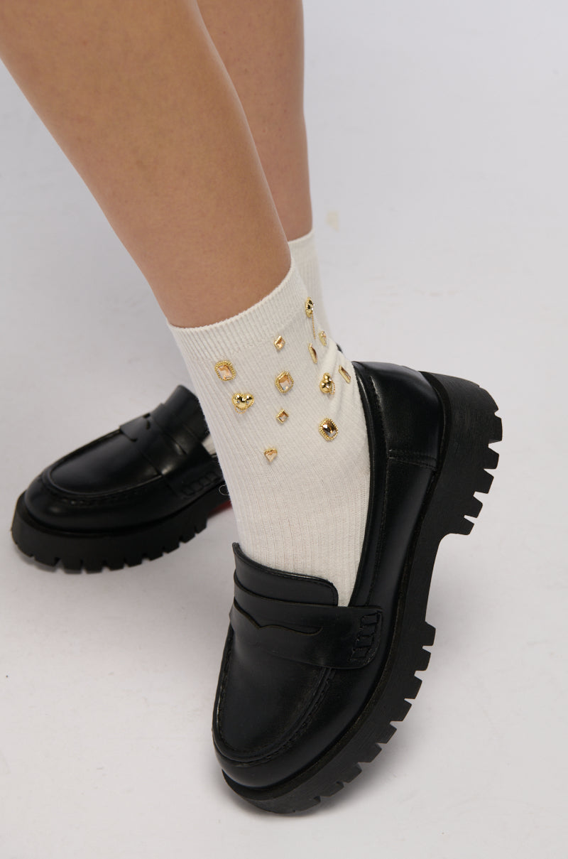 Front View Golden One Gem Embellished Socks 0