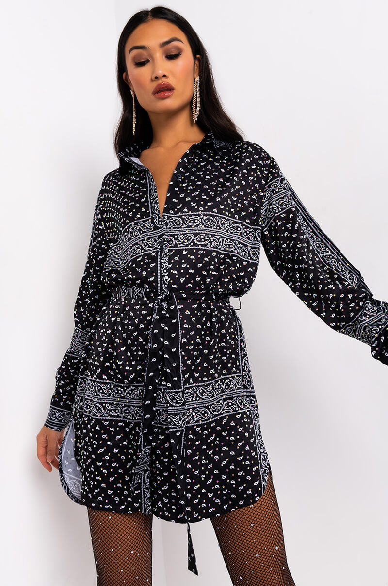 GONE WITH THE WIND LONG SLEEVE BANDANA PRINTED MINI DRESS BLACK view 0