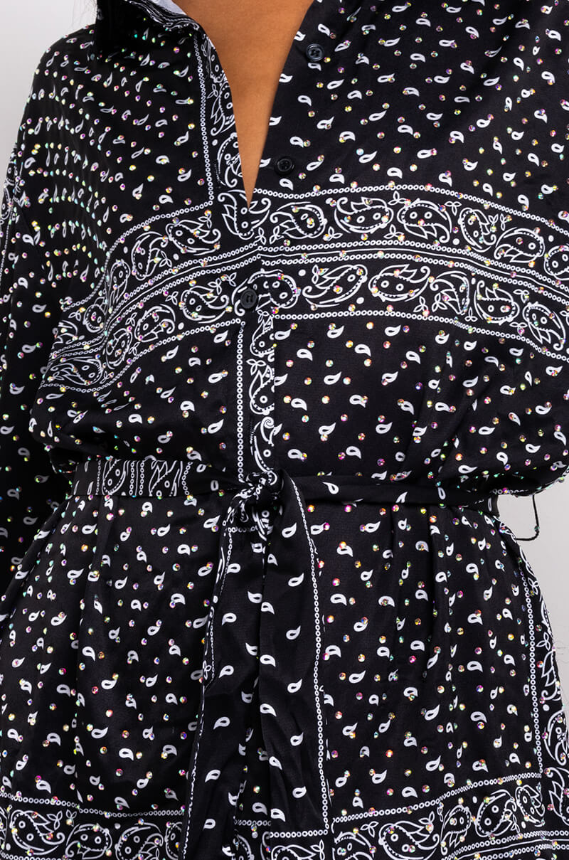 Detail View Gone With The Wind Long Sleeve Bandana Printed Mini Dress in Black