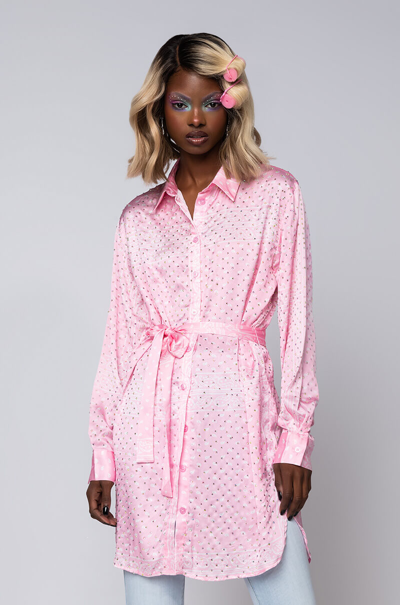 Front View Gone With The Wind Long Sleeve Bandana Printed Mini Dress in Pink