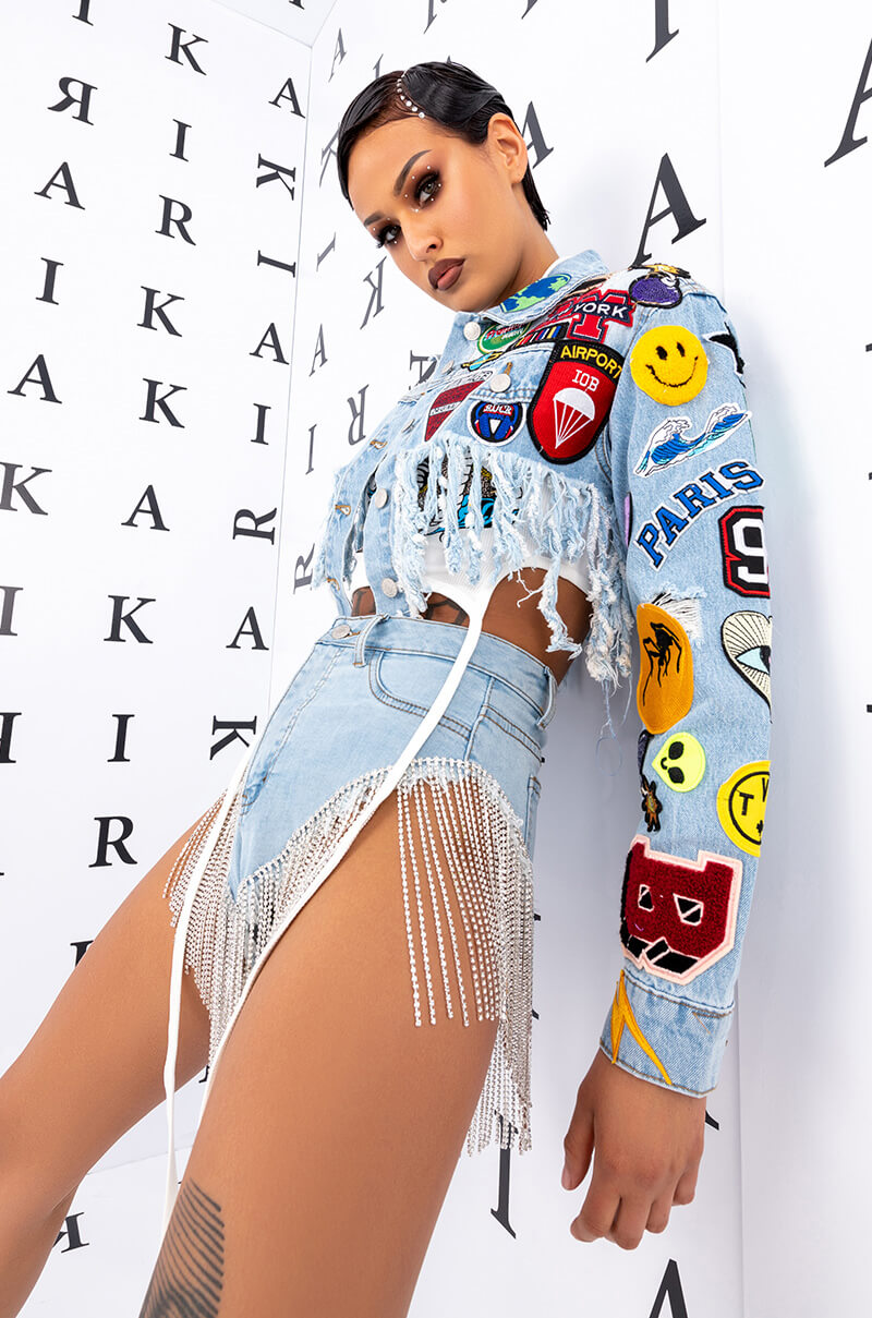 Side View Gonna Love Me Waterfall Rhinestone Denim Short In Denim