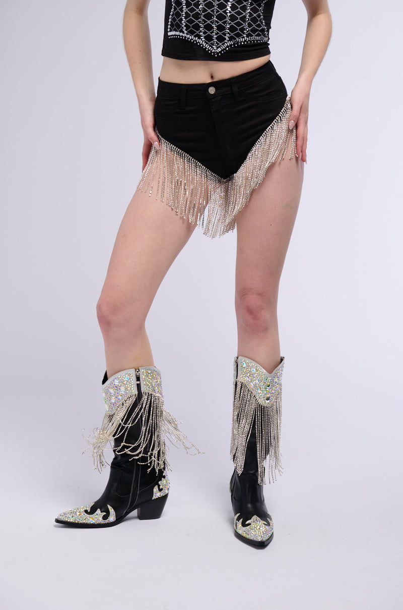 Front View Gonna Love Me Waterfall Rhinestone Denim Short